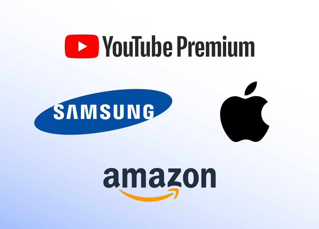 logos of youtube premium, samsung, apple and amazon
