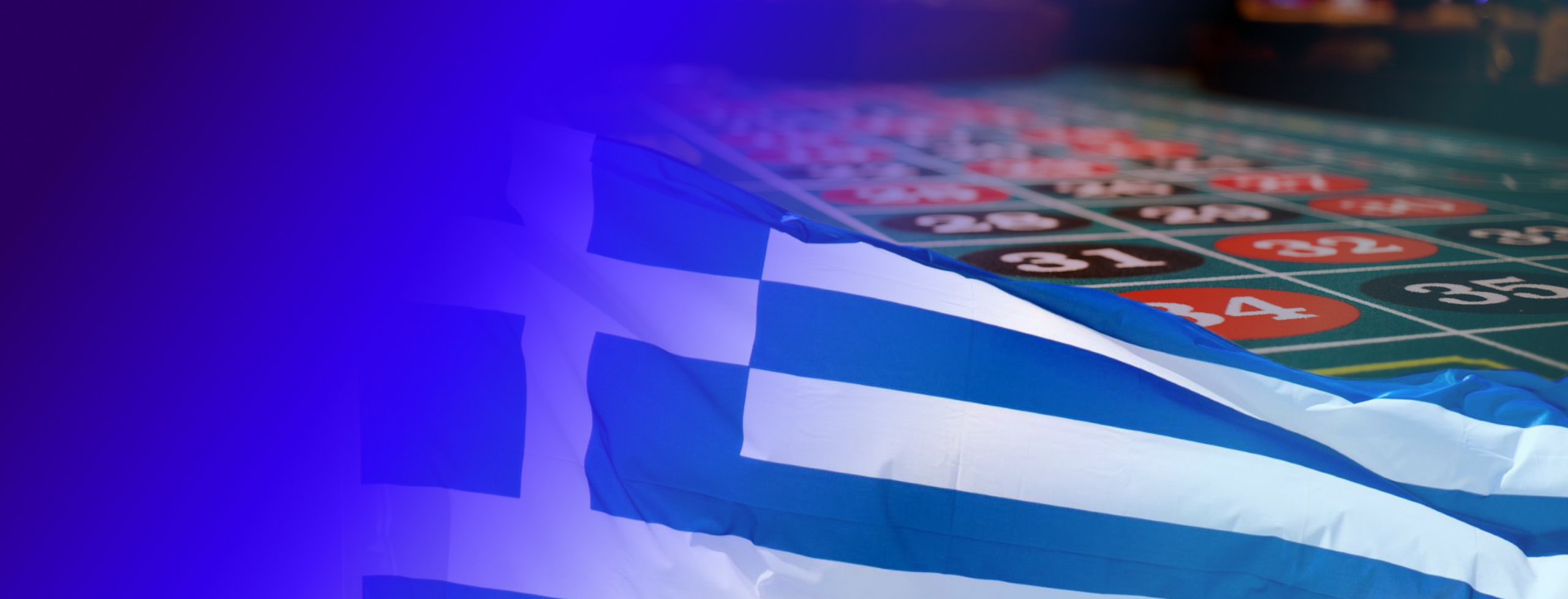 The picture depicts the Greek flag and the roulette table with black and red compartments
