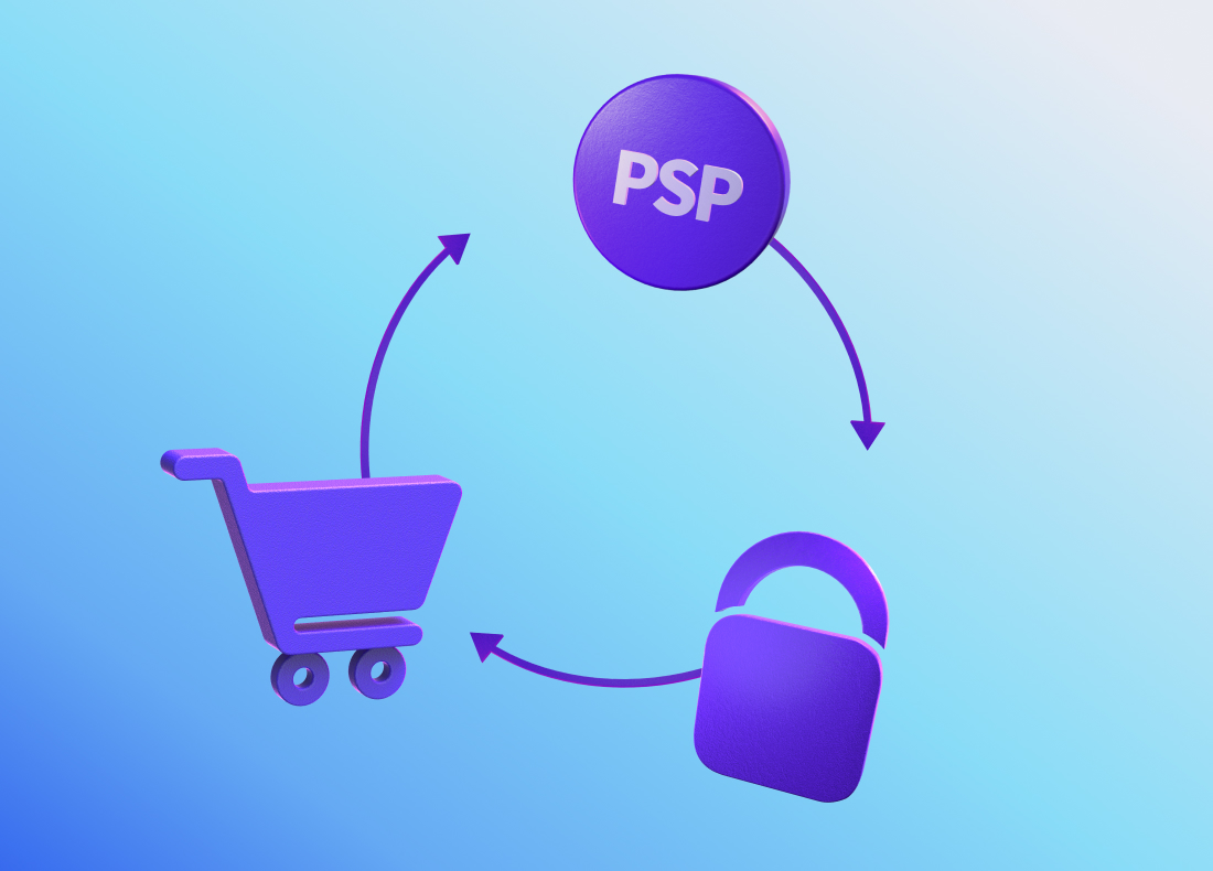 shopping cart, lock and PSP icons connected in a circle with the arrows