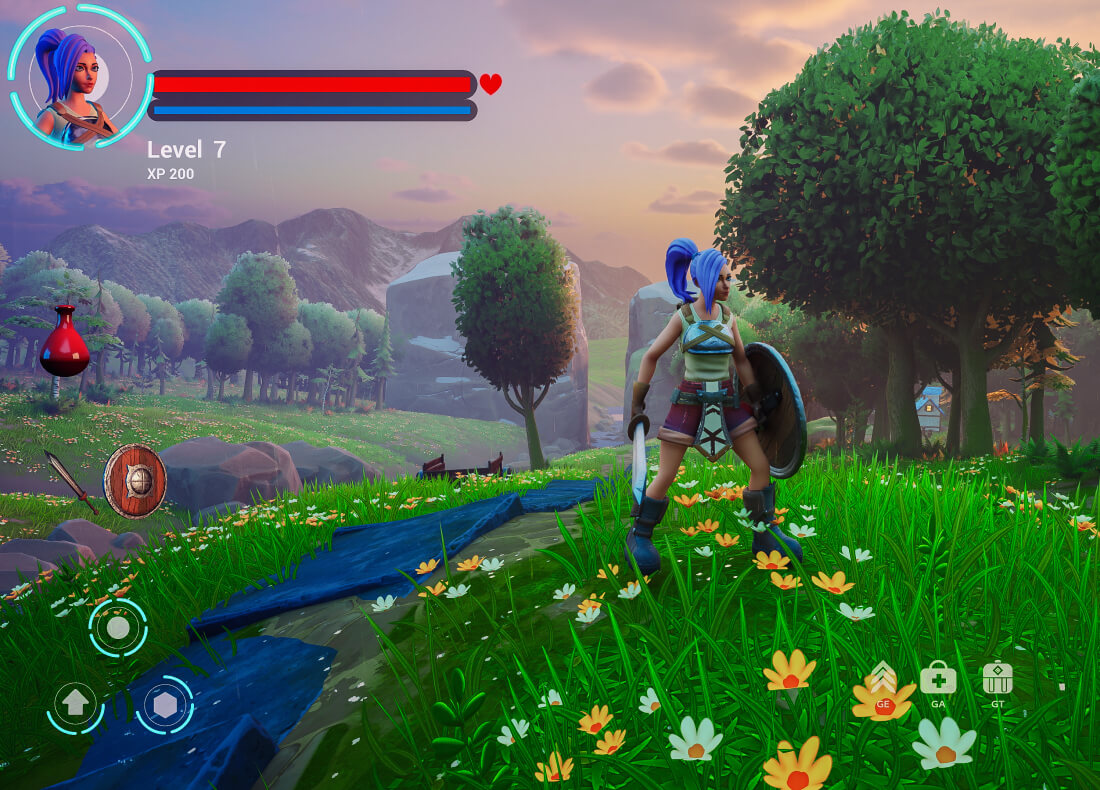 Screenshot of a fantasy video game with a blue haired female protagonist