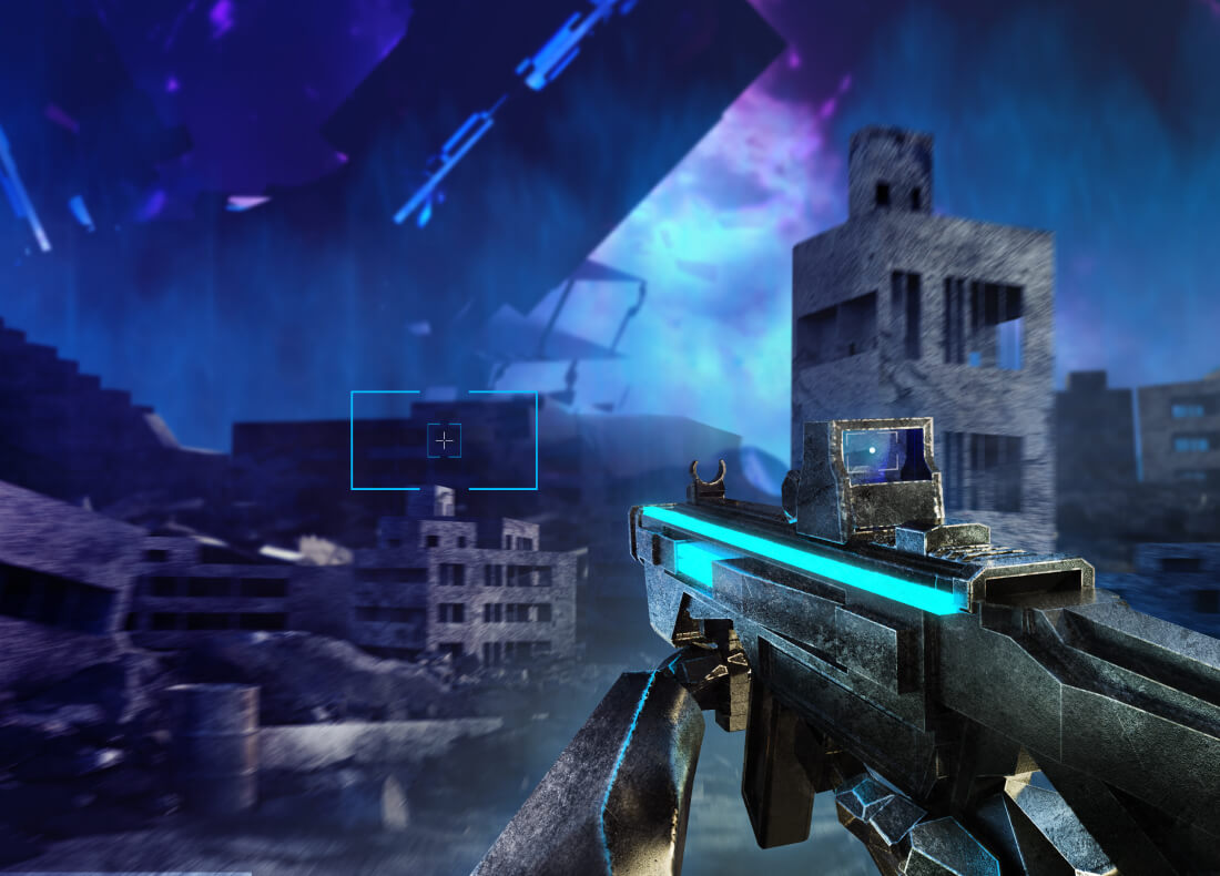Screenshot of a first person shooter in a destroyed world