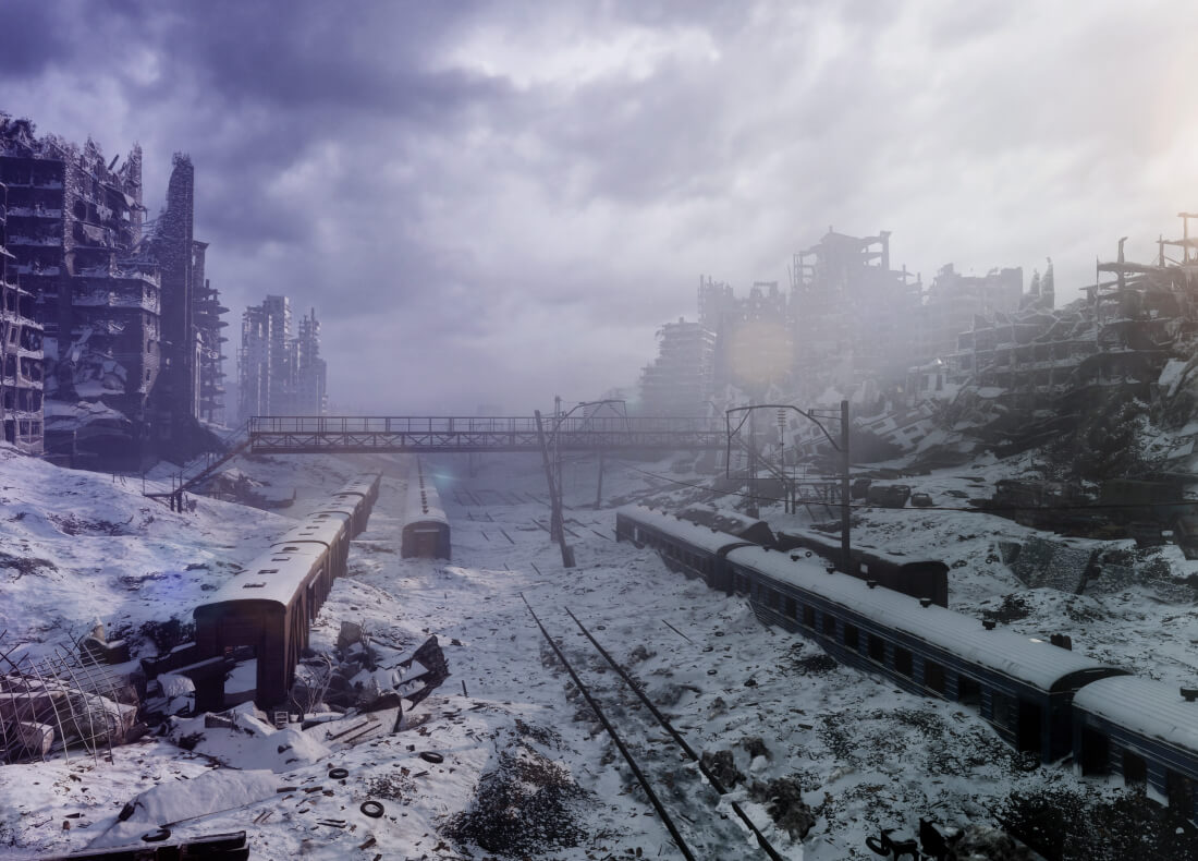Image of a snowy, destroyed and abandoned city 