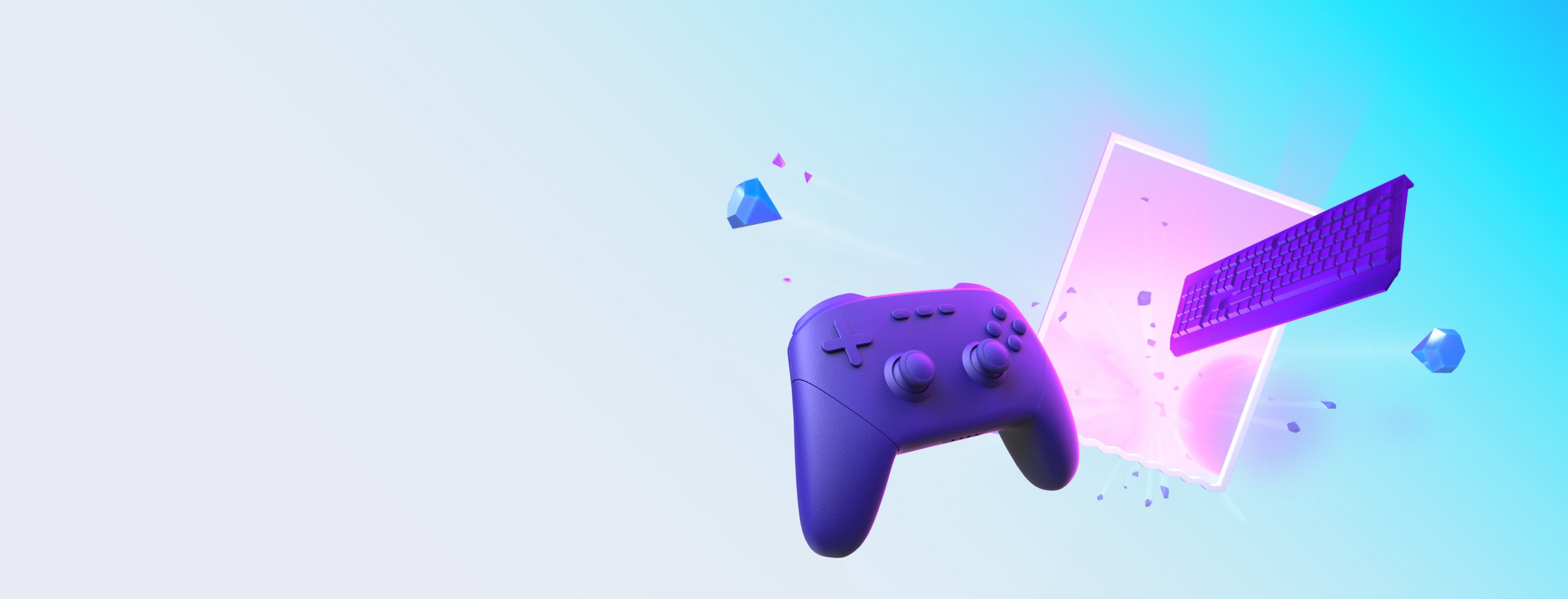purple icons of a controller and a computer keyboard on the light blue background