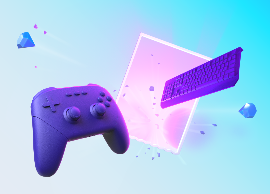 purple icons of a controller and a computer keyboard on the light blue background