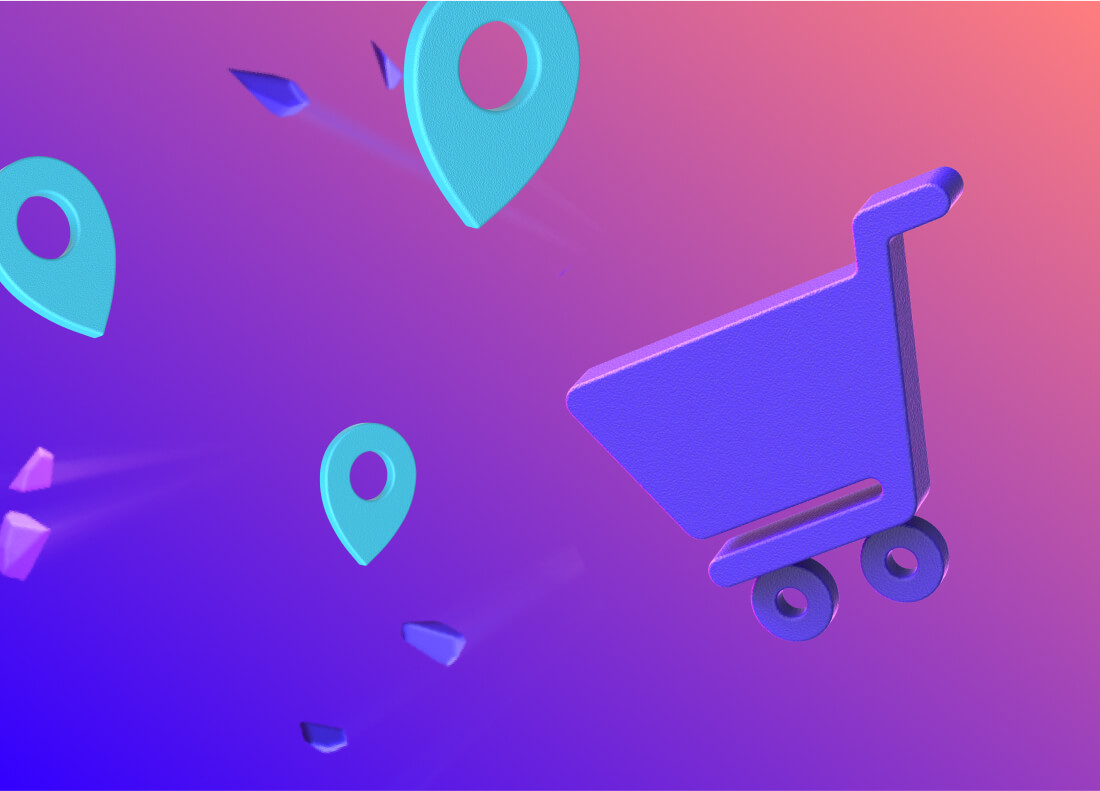 floating icons of a shopping carts and location icons in front of a gradient blue background
