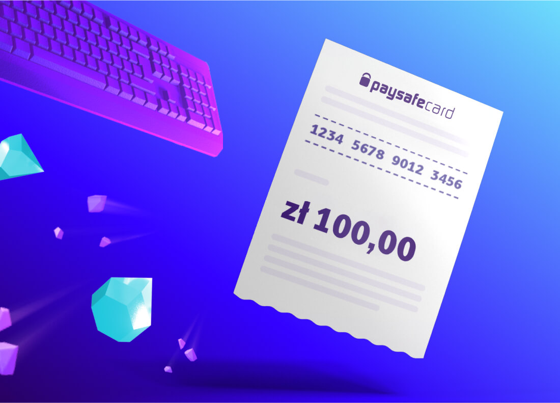 icon of a paysafecard voucher with Polish currency on it next to a keyboard floating behind a dark blue background