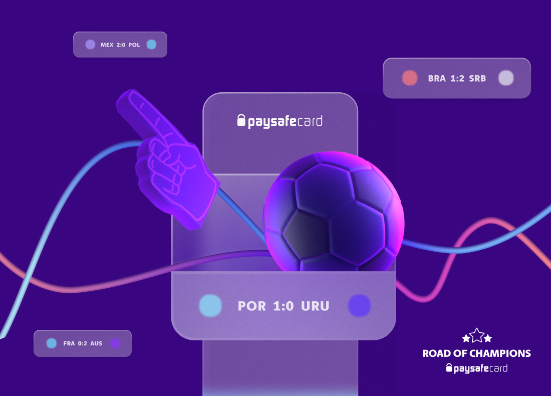 purple mobile phone icon showing world cup matches and a soccer ball icon and a foam hand icon in front of it