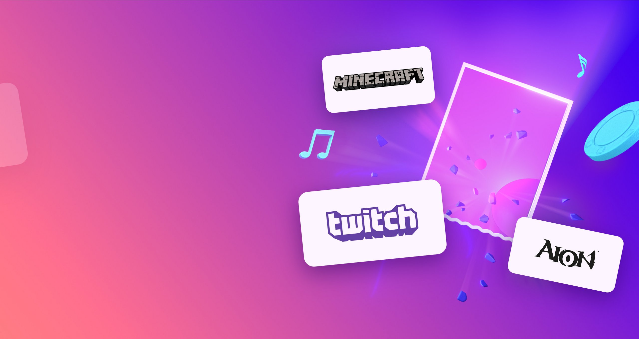 Minecraft, Twitch and AION logos on the purple background