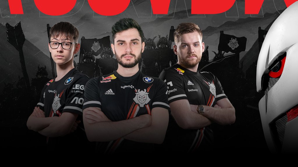 G2 Esports-team med 3 spelare på mörk bakgrund