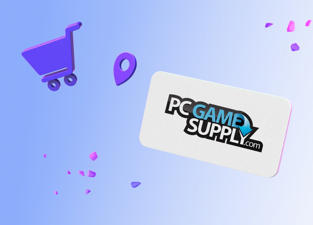 Game Play Shop logo and PC Game Supply logo, a shopping cart icon and a storelocator icon in front of a light blue gradient background