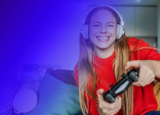 girl playing a game while wearing headphones and holding a game console controller 