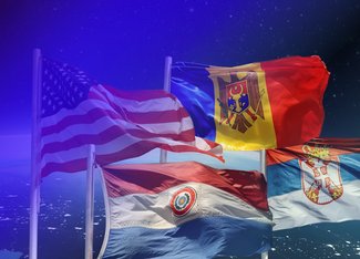 The flags of the USA, Republic of Moldova, Republic of Serbia and Republic of Paraguay